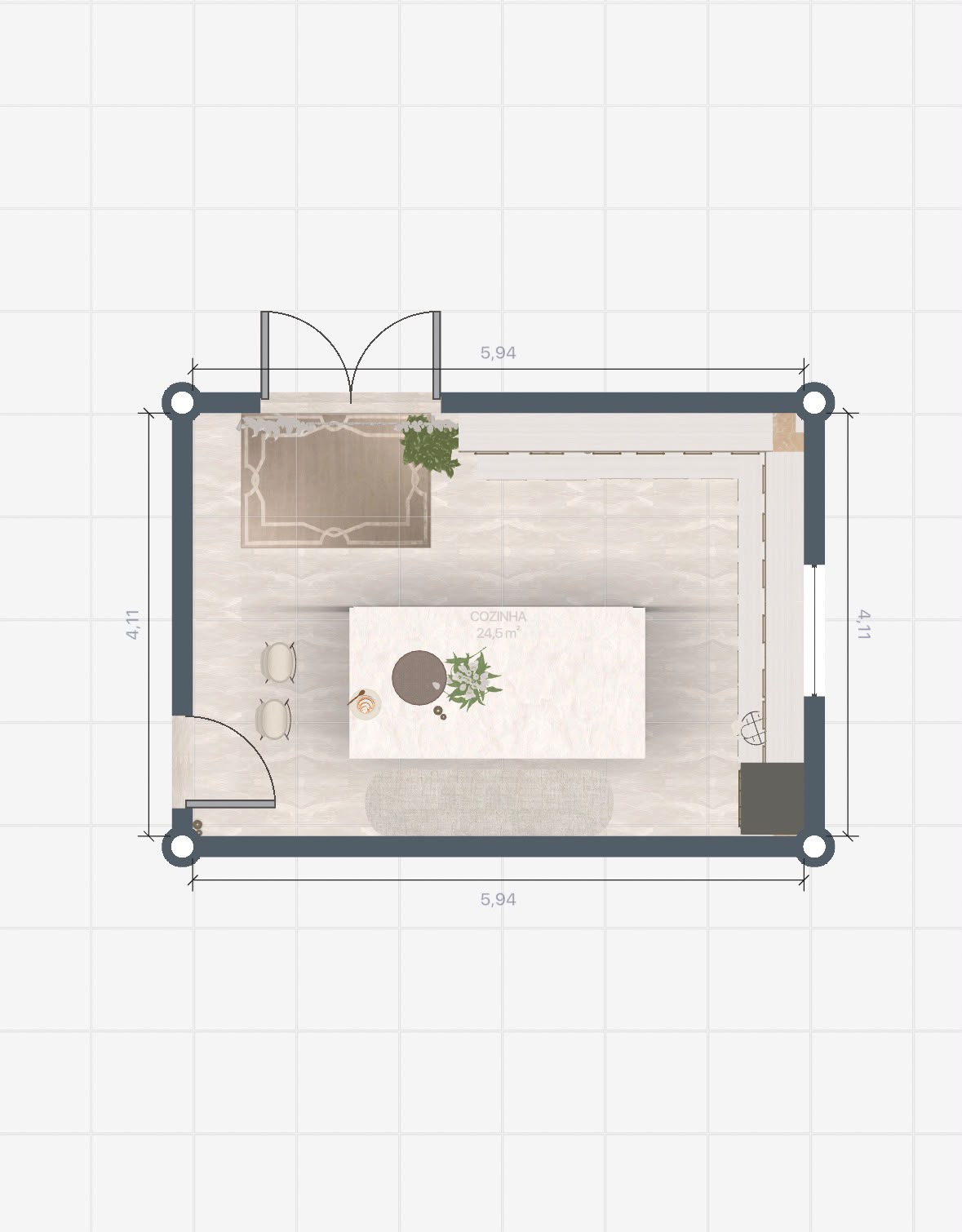 Planta baixa técnica de cozinha planejada