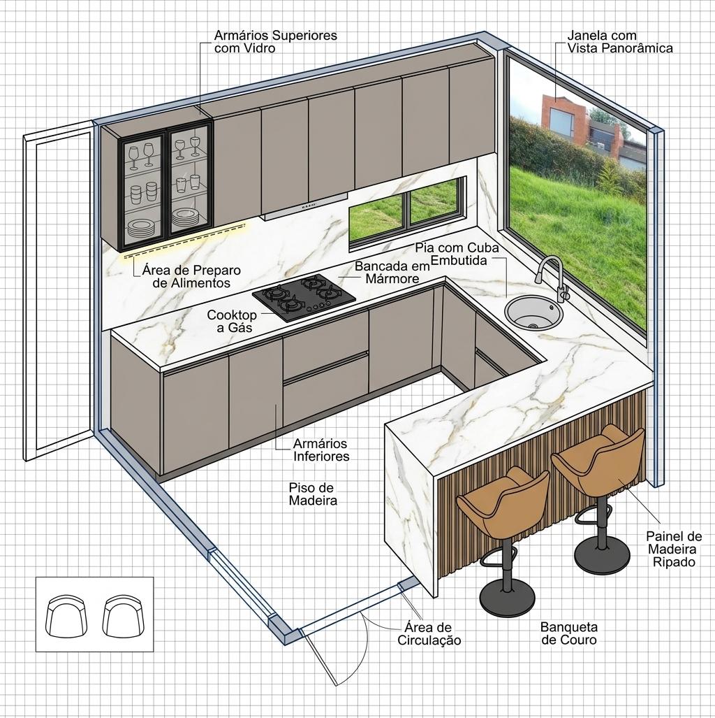 Projeto 3D detalhado de cozinha em L